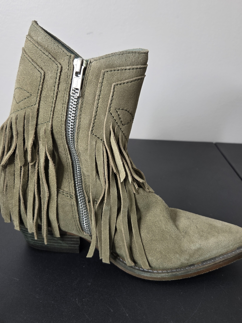 Free People Lawless Fringe Western Ankle Boots Olive Green Suede - Picture 6 of 11
